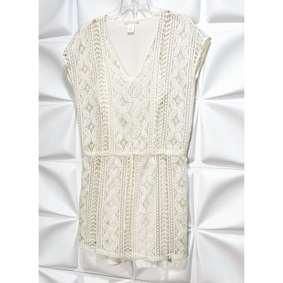 Gold Hawk Sz S Ivory Cream Lace Crochet Drawstring Swim Coverup Cover Up Dress - Picture 4 of 11